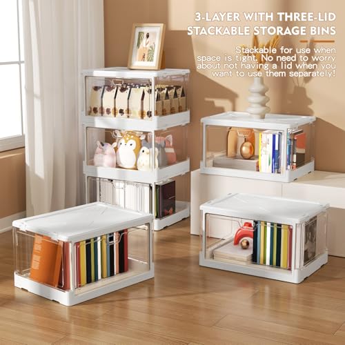 Kmiectse Clear Storage Bins with Lids 3 Pack 【Stackable & Sturdy】 | Plastic Multifunctional Folding Storage Bins for Bedroom, Living Room, Study,Room, 23 QT Folding Box with Magnetic Door - size: 3 Tier-3 Lids