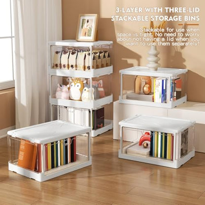Kmiectse Clear Storage Bins with Lids 3 Pack 【Stackable & Sturdy】 | Plastic Multifunctional Folding Storage Bins for Bedroom, Living Room, Study,Room, 23 QT Folding Box with Magnetic Door - size: 3 Tier-3 Lids