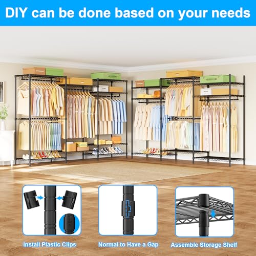 E13 Pro Heavy Duty Clothes Rack（With 4 Hanger Rods & 8 Shelves） Freestanding Clothing Racks for Hanging Clothes，Adjustable Closet，Metal Garment Rack 75" W x16 D x77 H，Max Load 1000LBS，Black - color: Black, size: E13 Pro