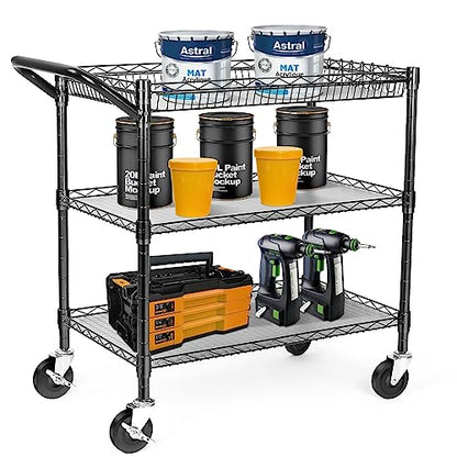 990Lbs Capacity Heavy Duty Rolling Utility Cart, NSF Rolling Carts with Wheels,Commercial Grade Metal Cart with Handle Bar & Shelf Liner,Trolley Serving Cart for Restaurant,Kitchen,Black - color: Black-3 Tier