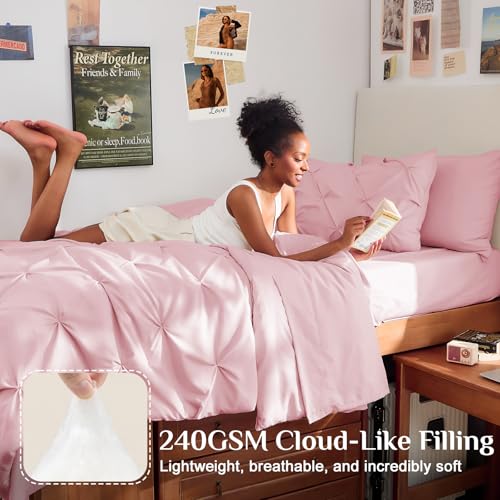 JOLLYVOGUE Twin Comforter Set 5 Pieces - Bed in a Bag Twin for All Season, Pintuck Bedding Comforter Sets with Comforter, Flat Sheet, Fitted Sheet and Pillowcases & Shams, Baby Pink - color: Baby Pink, size: Twin