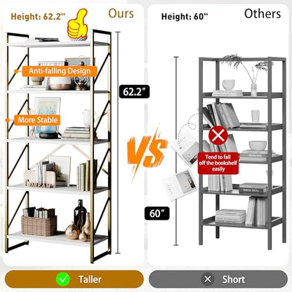 Shintenchi 2 Pieces 5 Tiers Bookshelf, Classically Tall Bookcase Shelf, Industrial Book Rack, Modern Book Holder in Bedroom/Living Room/Home/Office, Storage Rack Shelves for Books/Movies-Gold - color: 2pcs/Gold