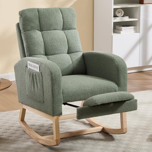 Rocking Chair Nursing, Rocker Chair with Footrest (Green) | Teddy Boucle Upholstered Accent Reading Chair with High Back & Side Pocket for Living Room Bedroom Nursery Office - color: Green