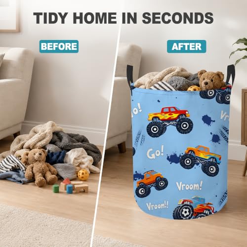 Blue Truck Collapsible Laundry Hamper,Racing Theme Waterproof Oxford Cloth Clothes Basket with Handles for Bathroom Bedroom Nursery Dorm Room,16" x 20" - color: Blue Truck,Racing Theme