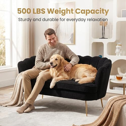 Black Modern Boucle Loveseat Couch with Gold Metal Legs | 2-Seater Upholstered Mini Sofa Couches for Small Space,Living Room Bedroom Office Dorm Studio Apartment Love Seat Couche - color: Black