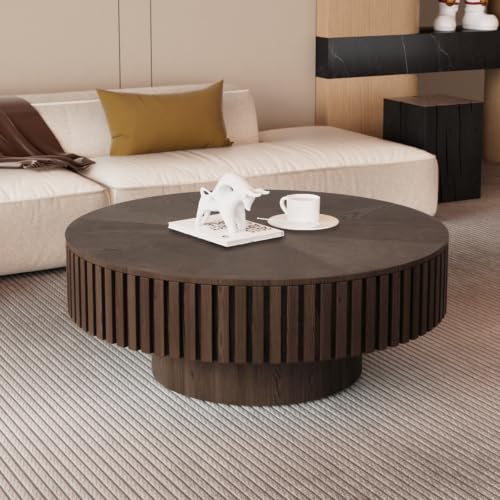 31.5 inch Brown Round Drum Fluted Coffee Table with Storage | Mid Century Style Fluted Drum End Table, Handcrafted Wood Fluted Relief, Built-In Storage, For Living Room & Apartment - color: Brown Round Drum Coffee Table