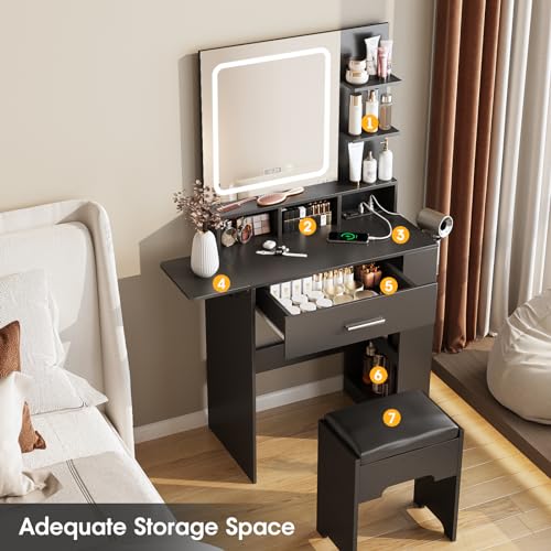 Fameill Vanity Desk with Mirror and Lights, Small Makeup Vanity | with Drawer & Storage Shelves, Black Dresser Table with Charging Station & Time Display, Vanity Set with Chair, for Bedroom