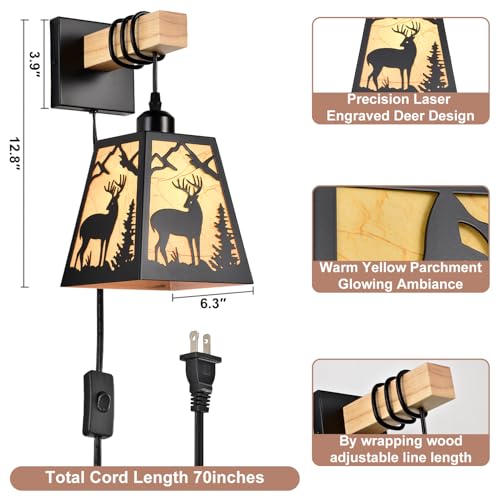 Plug in Wall Light,Deer Matte Metal Rustic Wall Sconces,1 Pack Farmhouse Yellow Parchment Paper Shades Plug in Sconce with Wood Arm,E26 Base Light for Bedside,Living Room,Bedroom,Hallway - color: Deer-Yellow