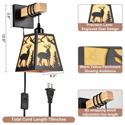 Plug in Wall Light,Deer Matte Metal Rustic Wall Sconces,1 Pack Farmhouse Yellow Parchment Paper Shades Plug in Sconce with Wood Arm,E26 Base Light for Bedside,Living Room,Bedroom,Hallway - color: Deer-Yellow