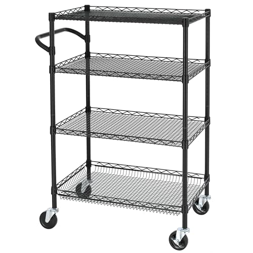 Finnhomy 4 Tier Heavy Duty Commercial Grade Rolling Cart with Handle Bar, Metal Wire Utility Cart with Wheels, Shelf Size 18" D x 30" W, NSF Listed, Black - size: 30"L x 18"W x 46.4"H-4 Tier, style: Black Cart