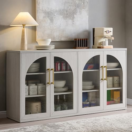 Glass Arched Door Sideboard Buffet Cabinet Set of 2, White | Modular, Multi-Compartment Storage, Adjustable Shelf, Soft Close Hinges, Freestanding, for Dining Room, Living Room - color: White