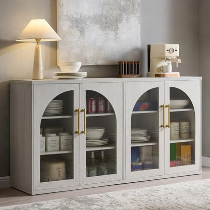 Glass Arched Door Sideboard Buffet Cabinet Set of 2, White | Modular, Multi-Compartment Storage, Adjustable Shelf, Soft Close Hinges, Freestanding, for Dining Room, Living Room - color: White