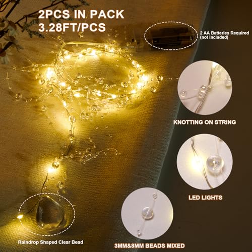 Iridescent Bead String with Fairy Lights Battery Operated 3.28ft/pcs, 2 PCS | 3-8mm Artificial Crystal Beads Chain and Short LED String Lights Mixed, DIY Crafts Wedding Party Garland Centerpiece - color: Iridescent Bead- Lights, size: 3.28ft per/2pcs tota