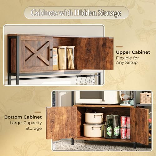 Huuger Large Bakers Rack with Power Outlet, Kitchen Microwave Stand with Cabinets, Coffee Bar Table Station with Storage, 6 S-Shaped Hooks, Mesh Shelves, 45 Inch Wooden Top, Rustic Brown - color: Rustic Brown