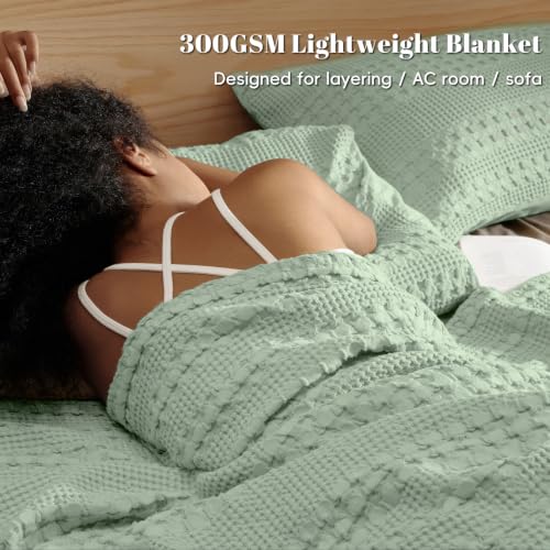 PHF 100% Cotton Waffle Weave Throw Blanket, Lightweight Breathable Summer Blanket for Couch Sofa, Pre-Washed Soft Throws for Bed, Office, Travel & Stylish Home Decor, 50"x60", Mint Green - color: Mint Green, size: Throw(50"x60")