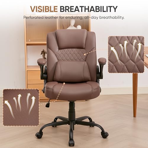 Home Office Chair with Lumbar Support, 5" Thickened Seat, Small PU Leather Rocking Desk Chair, Comfy Computer Chairs with Rolling Wheels & Adjustable Armrests for Adults, Brown - color: Brown