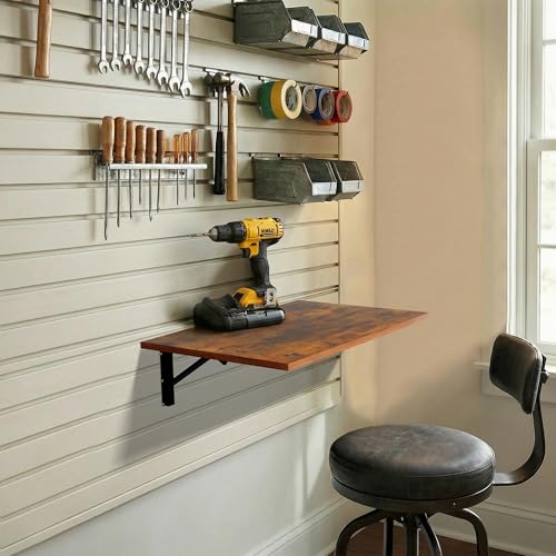 GOYLSER Wall Mounted Folding Table Floating Desk for Small Spaces, Fold Down Laundry Wall Table with Brackets - color: Rustic Brown, size: 25"x15.7"