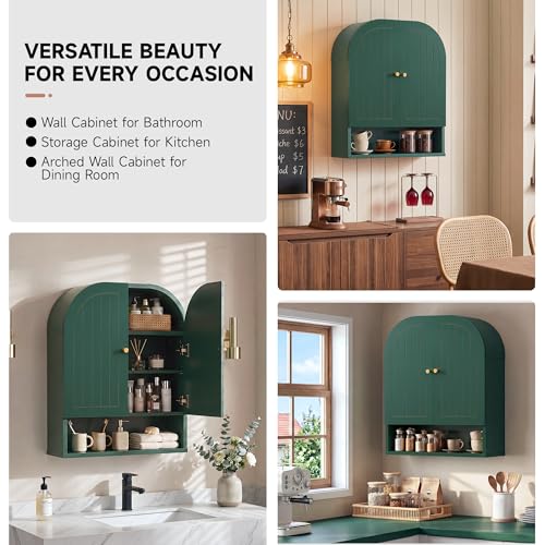 Arched Wall Mounted Medicine Cabinet, 23.5" Bathroom Cabinet with Double Doors, Fluted Grooved Design & Soft-Close Hinges, Over the Toilet Storage with Adjustable Shelf for Small Spaces (Green)