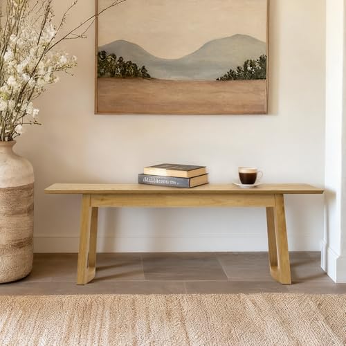 HNY Farmhouse Dining Bench, Solid Entryway Bench, 55 Inch Long Wooden Bench, Kitchen Dining Seat for Entryway/Dining Room/Kitchen/Living Room, Oak - color: Oak Wood, size: 1 bench
