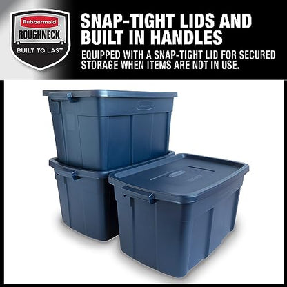 Rubbermaid Roughneck Tote 31 Gal, 3 Pack, Made in USA, Dark Indigo Metallic, Rugged Plastic Stackable Storage Bins with Lids and Handles - size: 31 Gal - 3 Pack