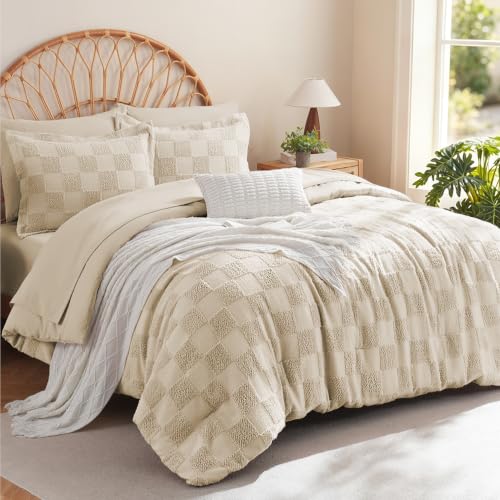 MR&HM 7 Pieces Comforter Set Full, Checkered Boho Tufted Bed Set Beige | Farmhouse Vintage Bed with Plaid Geometric Design, All-Season Bed in A Bag Comforter with Sheets, Pillow Shams & Pillowcases - color: 1- Beige- Checkered, size: Full
