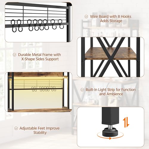 Yaheetech 5-Tier Bakers Rack with Power Outlet & LED Lights,Rustic Brown | 64 Inches Tall Microwave Oven Stand with Storage for Spices,Pots,Engineered Wood and Metal shelves,Coffee Bar Table - color: Rustic Brown