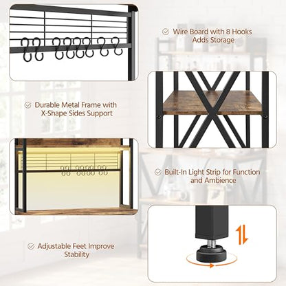 Yaheetech 5-Tier Bakers Rack with Power Outlet & LED Lights,Rustic Brown | 64 Inches Tall Microwave Oven Stand with Storage for Spices,Pots,Engineered Wood and Metal shelves,Coffee Bar Table - color: Rustic Brown