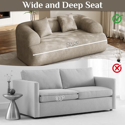 75" Boneless Cloud Loveseat, Modern Cute Curved Chenille Sofa, 2 Seater Compression Couch with 2 Pillows, No Assembly Required for Apartment Living Room, Light Brown - color: Light Brown, size: 75''