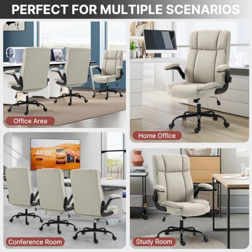 Fabric Office Chair High Back Executive Ergonomic Chair Flip Arms | Premium cloth fabric office chair with high back ergonomic support, flip-up arms, adjustable height, 90°-120° tilt function - color: Beige