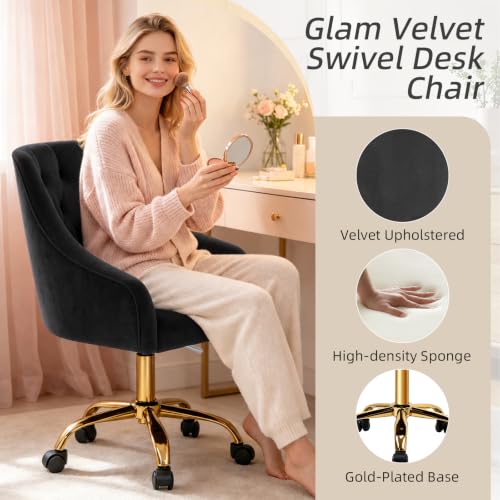 MOJAY Velvet Office Swivel Chair, Vanity Fabric Desk Pretty Fancy Gold Office Chairs for Girls, 360°Swivel Height Adjustable Reception Chair (Black) - color: Black