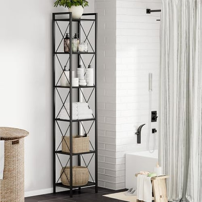 Homhedy 6 Tier Small Bookshelf, Tall Narrow Bookcase, Metal Book Shelf | Industrial Style for Small Spaces, Home, Office, Living Room, Kitchen, Bedroom , 10.4" D x 13" W x 67.4" H, Black - color: Black, size: 10.4"D x 13"W x 67.4"H
