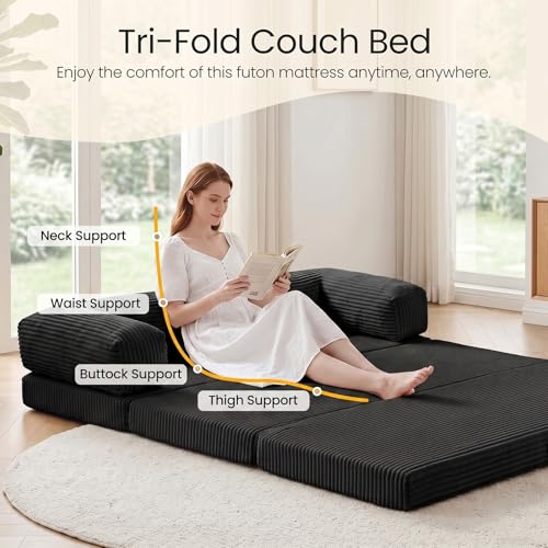 Erament Convertible Sofa Bed, Tri-Folding Mattress Queen Futon Couch Bed, Boneless Sleeper Couch Bed with Removable Armrests & Washable Cover for Guest Room, Living Room, Queen, Black - color: Black, size: Queen