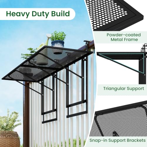 Tangkula Balcony Railing Table, 48" Outdoor Space-Saving Folding Hanging Table with 5-Level Adjustable Height, Metal Frame, Fits Railings Up to 1.5"-3.5" Thick for Patio, Porch, Deck - size: 48" x 16" x 23.5"-31"
