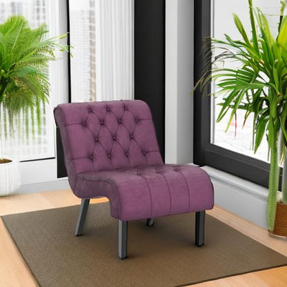 Comfy Velvet Accent Chair, Tufted Armless Side Chair with Rolled Edge | Modern Small Lounger for Living Room, Upholstered Reading Chaise Lounge with Solid Rubber Wood Legs, Purple - color: Purple, size: Set of 1