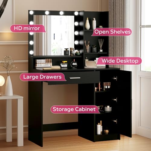 Palimder Vanity Desk with Mirror & Light, Large Drawer Three Level Storage Dresser, 3 Lighting Modes Adjustable Brightness, Bedroom Dressing Table - color: Black