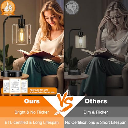 Set of 2 Industrial Touch Control Table Lamps with USB C+A Ports and AC Outlet - 3-Way Dimmable Black Bedside Lamps Nightstand Desk Lamps for Bedroom Living Room, Glass Shade & 2 LED Bulbs Included - color: Black(2 pack) - Clear Glass-Touch Control