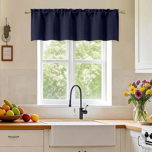 Simplebrand Navy Blue Valance for Windows, Short Blackout Curtains for Kitchen/Small Windows with Rod Pocket，Thermal Insulated Solid Curtain Valance, Each 60Wx14L Inches, 1 Piece - color: Navy Blue, size: 60"W x 14"L (Pack of 1)