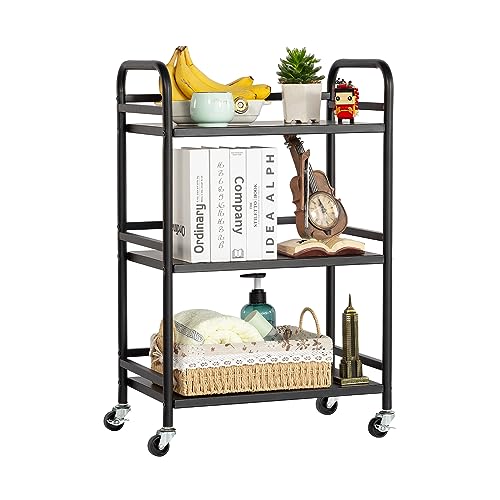 HDANI 3 Tier Rolling Cart Shelves,Heavy Duty Multifunctional Metal Frame-Supports 22 Lbs Per Tier,Rolling Cart with 2 Lockable Wheels for Home,Office,Kitchen,Bathroom,Bedroom,Black - color: Black, size: Small Solid