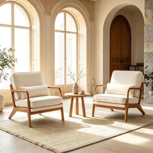 Karl home Mid-Century Modern Accent Reading Chair, Creamy | Chenille Upholstered, Solid Wood Frame, Soft Cushion, Lumbar Pillow, Lounge Armchair for Living Room, Bedroom, Balcony, Study - color: Chenille Creamy