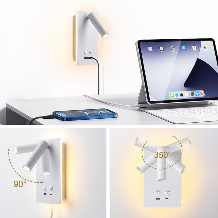 MOLUOLA LED Wall Lamp Wall Mounted Reading Lights Set of 2, Adjustable Headboard Plug in Wall Sconce with USB C+A Ports, Headboard Bedside Lamp with 9W+3W Night Light 3000K (White) - color: White, size: 2 Pack