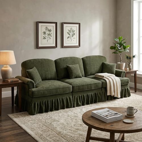 Modular Sectional Sofa Couch, Comfy Chenille Sofa with Removable Ruffled Skirt, Flared Armrests, Sturdy Legs, Convertible 3-Seat for Living Room, Bedroom, Apartment (Green) - color: Green, size: 107.1 Inch