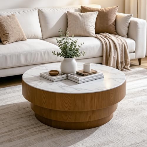 31.5" Round White Sintered Stone Coffee Table, Mid-Century Modern Marble Coffee Table with Stable Wood Pedestal Base, Circle Drum Cocktail Center Tea Tables for Living Room Bedroom Apartment - color: White