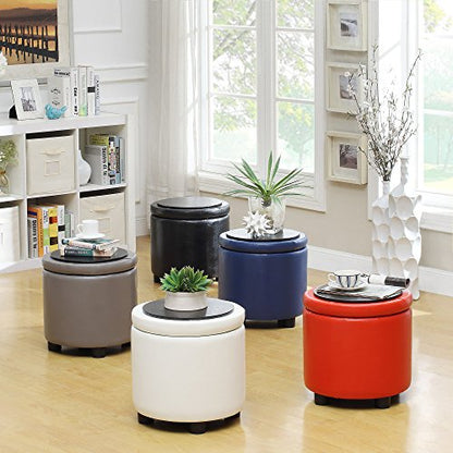Designs4Comfort Round Accent Storage Ottoman in Black Faux Leather Fabric - color: Black