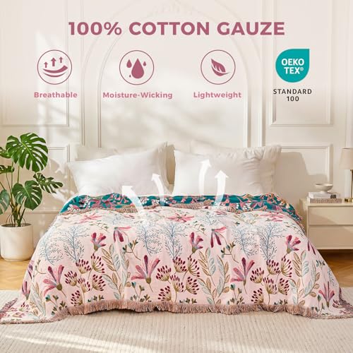 LUTBM Boho Throw Blanket for Couch 50"x60", Cotton Decorative Bed Throw | Reversible Floral Jacquard, All-Season Muslin Blanket, For Chair Sofa Bedroom Living Room Decor, Lightweight Breathable Gauze - color: Floral Green, size: 50"×60"