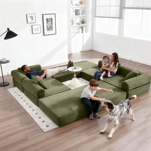 L-Shape Modular Sectional Sofa Bed, Corduroy Boneless Couch, Olive Green | Boneless Couches for Living Room, Sleeper Futon Sofa Bed, Modular Couch with Storage, Pull Out Couch, No Assembly Required - color: Olive Green