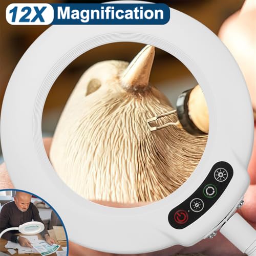IVMAIE 12X Magnifying Glass with Light, Real Glass Lens, 5 Color Modes Dimmable, Flexible Gooseneck Lighted Magnifier with Stand, LED Desk Lamp Hands Free for Crafts Painting Reading Close Work, White - color: White