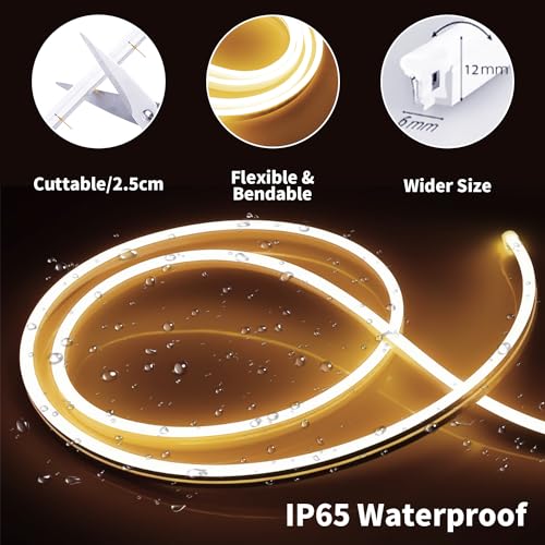iNextStation 16.4FT DC12V LED Strip Lights Warm White LED Lights (No Plug) | IP65 Waterproof Flexible Silicone Neon LED Lights Strip, 0.98Inch Cuttable LED Strips for DIY, Bedroom, Ceiling, Party Decor