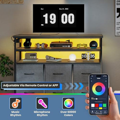 DUMOS LED TV Stand Dresser with Charging Station, Entertainment Center | Media Console for Living Room, App Controlled, 6 Fabric Drawers and 2 Shelves, Grey - color: Grey, size: 39.37"D x 11.8"W x 31.49"H (6 Drawers)