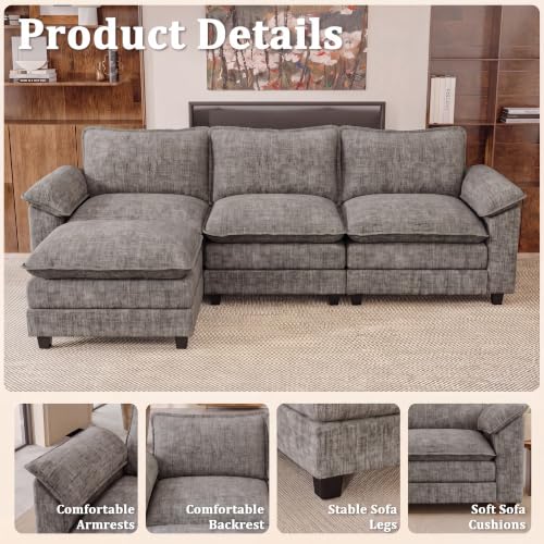 JUMMICO 118.9" L Shaped Sectional Couch, Modular Cloud Sofa, Light Grey | Comfy Chenille, Movable Ottoman, Deep Seat, Double Layer Cushion, 3 Seat, High-Density Foam, for Living Room - color: Light Grey, size: L Shaped Sofa