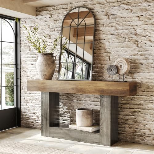 LITTLE TREE 63 Inches Long Console Table, 2-Tier Farmhouse Sofa Table Behind Couch, Large Narrow Entryway Table for Living Room, Wooden Hallway Foyer Table with Heavy Duty Base, Rustic Brown and Grey - color: Rustic Brown and Grey